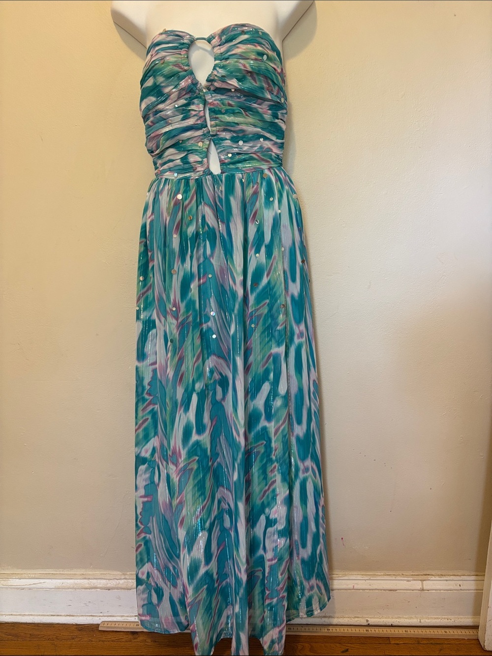 River Island Teal, White & Pink Strapless Printed Maxi Dress